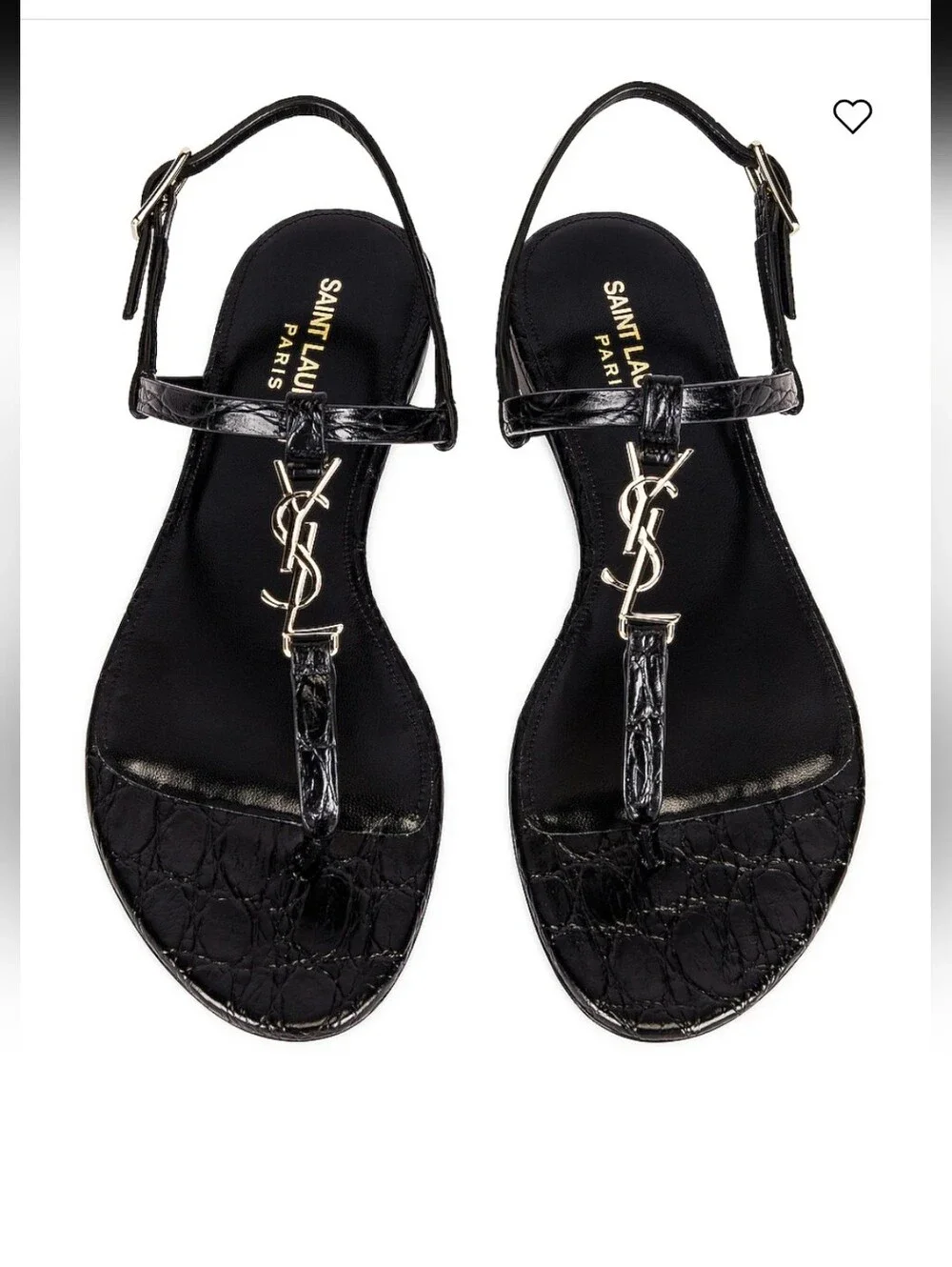 Saint Laurent Cassandra Embossed Croc Flat Sandals Black Size 6.5